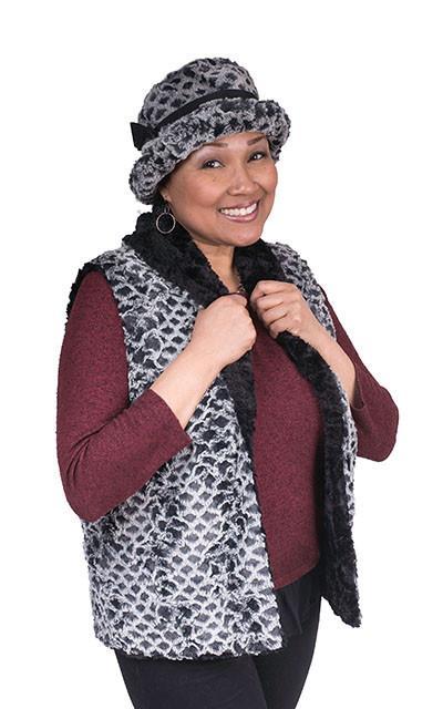 Shawl Collar Vest Shown on Model | Snow Owl Gray Black Faux Fur with Matching Bucket Style Hat | Handmade by Pandemonium Millinery | Seattle WA USA