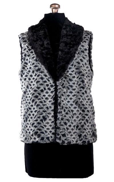 Shawl Collar Vest | Snow Owl Gray Black Faux Fur | Handmade by Pandemonium Millinery | Seattle WA USA