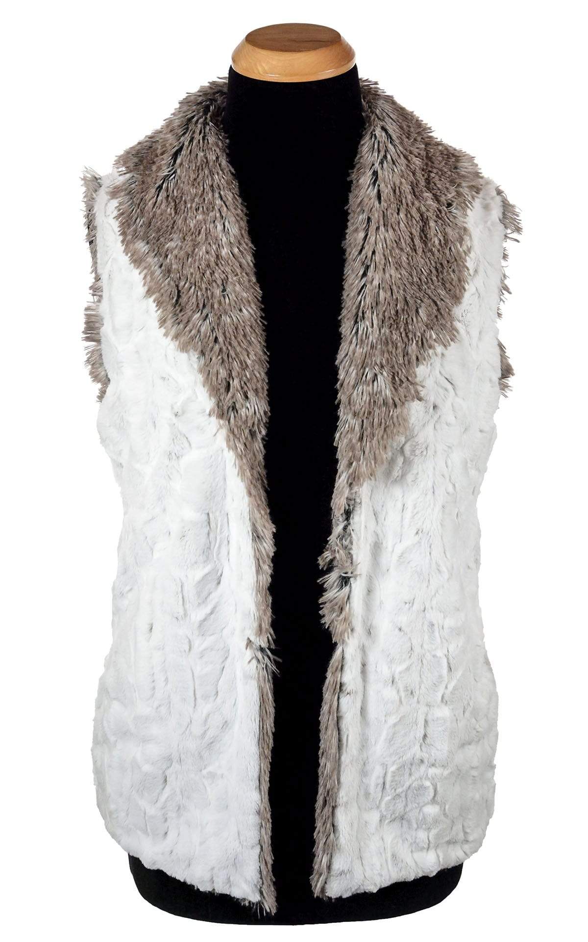 Model is Wearing Shawl Collar Vest with Cuffed Pillbox | Winter Frost Faux Fur with Arctic Fox | By Pandemonium Millinery | Seattle WA USA