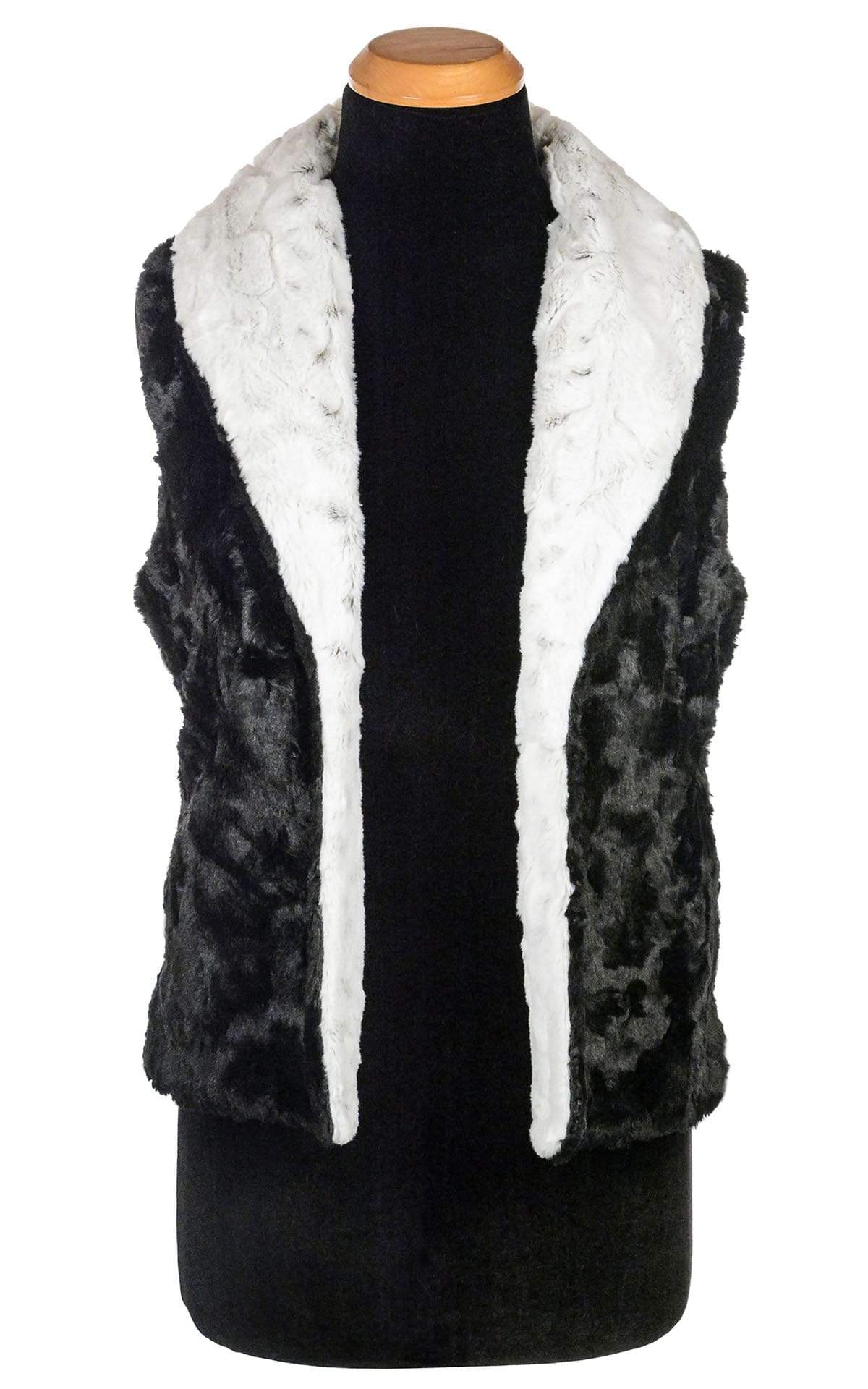 Shawl Collar Vest Closed View | Winter Frost White with Faint Black Spots Faux Fur t | Handmade by Pandemonium Millinery | Seattle WA USA