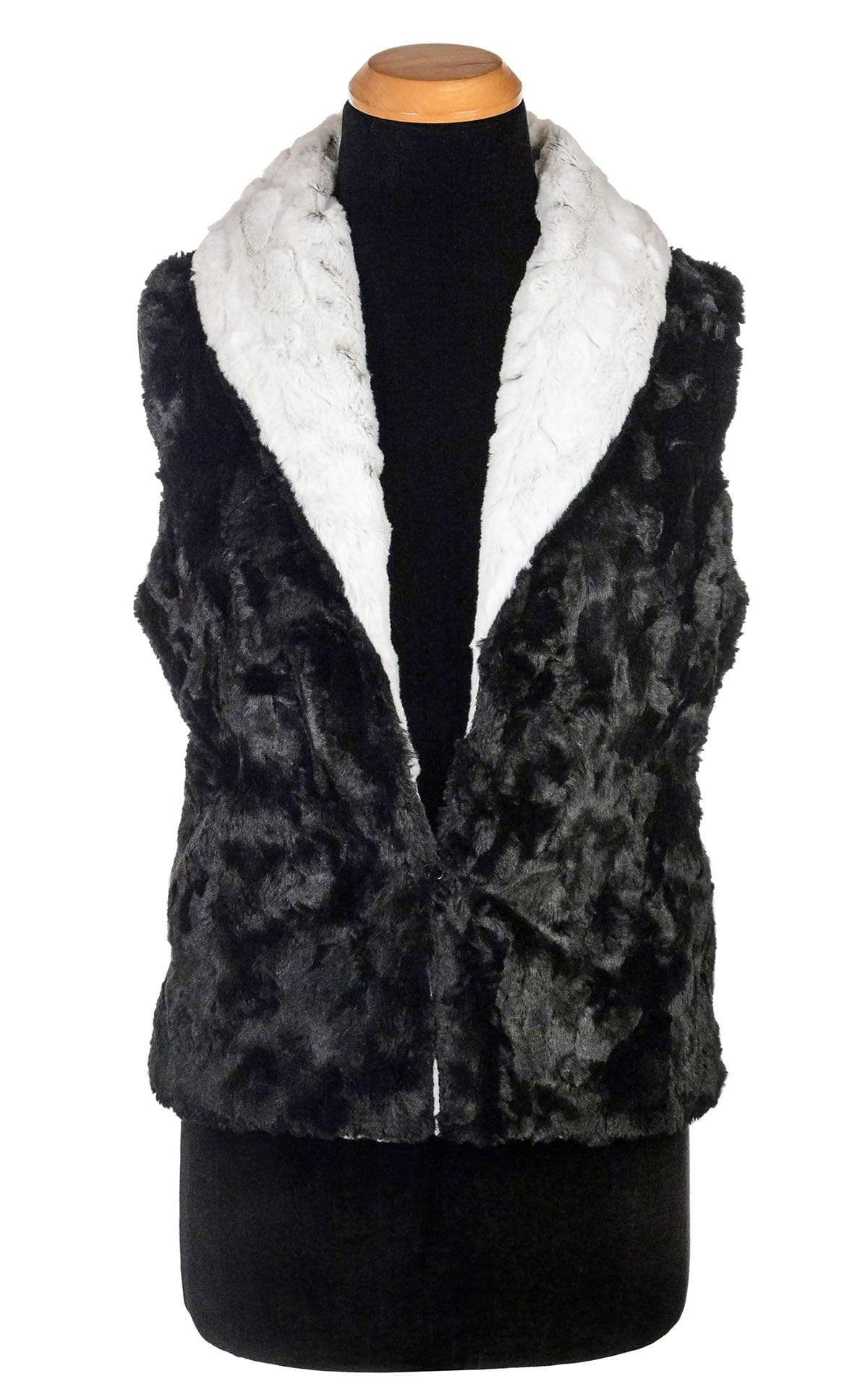 Reversed Shawl Collar Vest Closed View | Winter Frost Faux Fur with Cuddly Black Faux Fur | Handmade by Pandemonium Millinery | Seattle WA USA