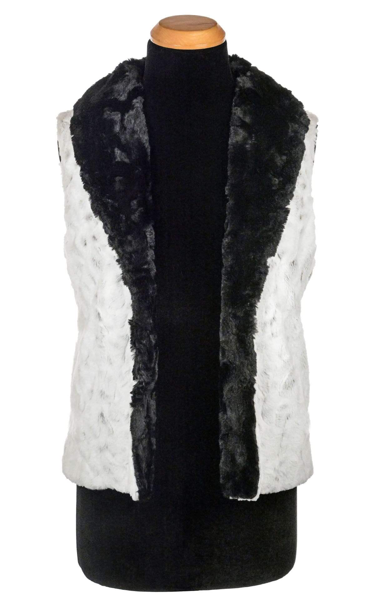 Open view Shawl Collar Vest on Mannequin | Winter Frost White with Faint Black Spots Faux Fur  | Handmade by Pandemonium Millinery | Seattle WA USA