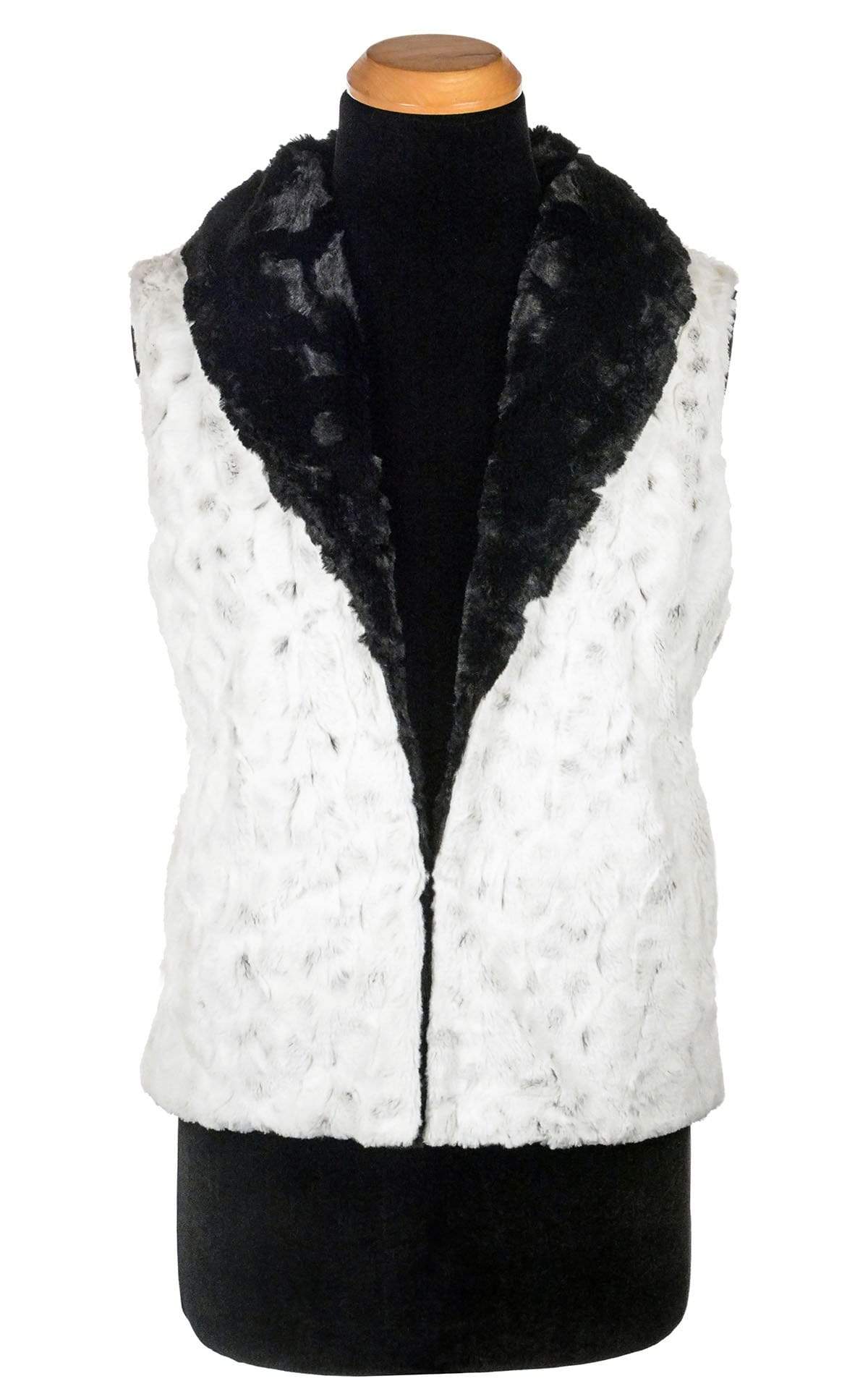 Shawl Collar Vest Closed View | Winter Frost White with Faint Black Spots Faux Fur t | Handmade by Pandemonium Millinery | Seattle WA USA