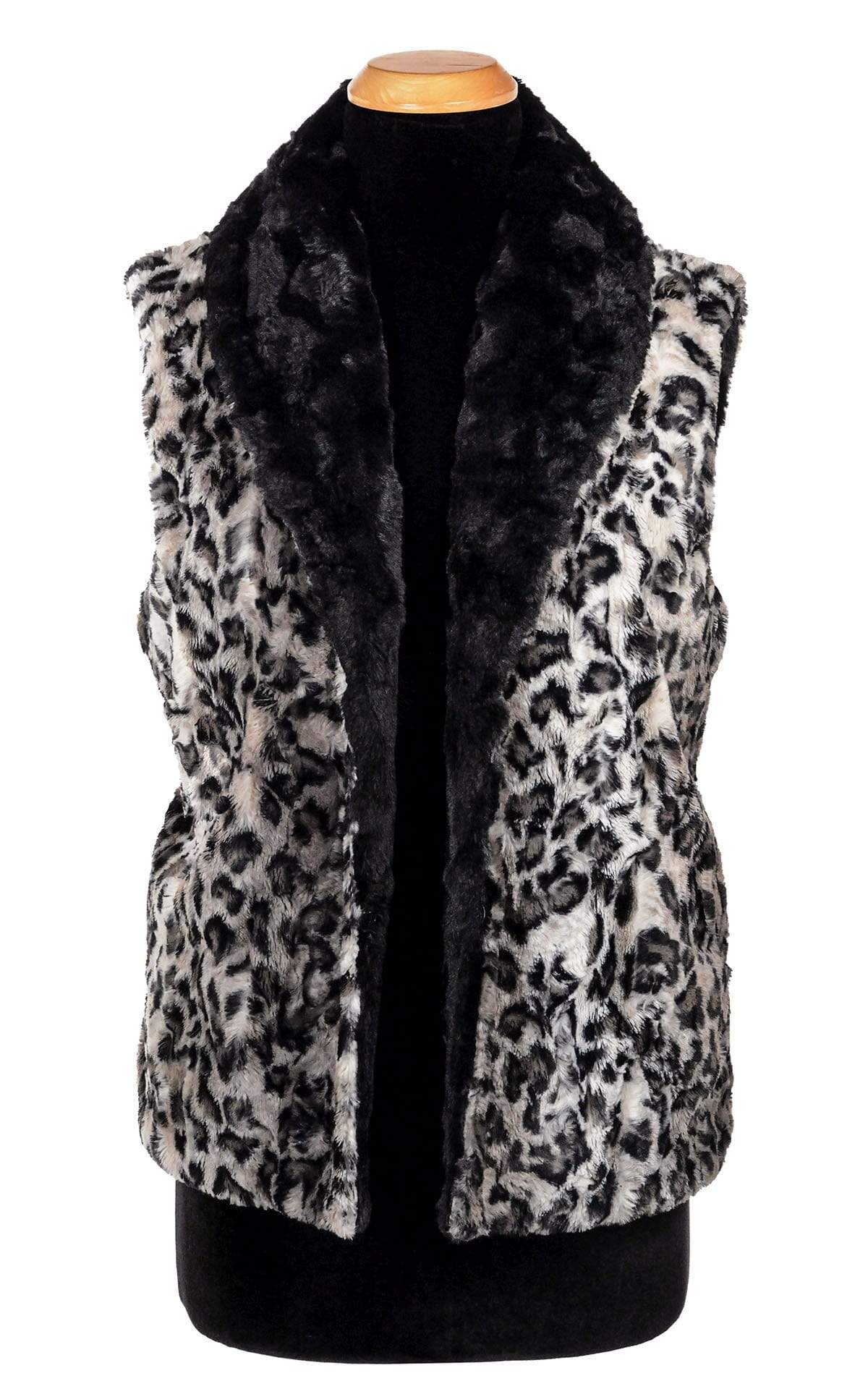 Shawl Collar Vest | Savannah Cat  Black Gray Animal print Faux Fur with Cuddly Black Faux Fur | Handmade by Pandemonium Millinery | Seattle WA USA