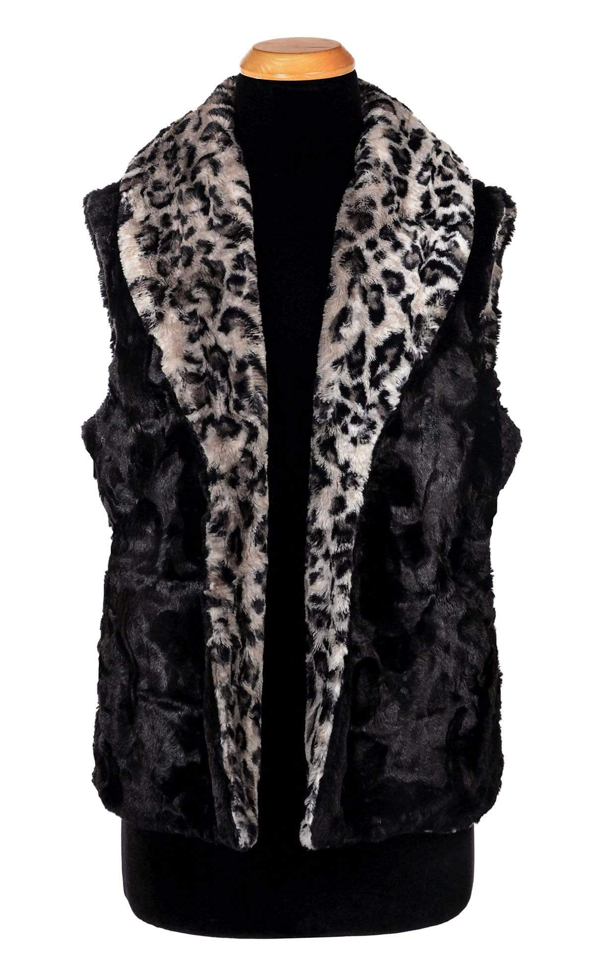 Shawl Collar Vest  Reversed | Savannah Cat in Gray Faux Fur with Cuddly Black Faux Fur | Handmade by Pandemonium Millinery | Seattle WA USA
