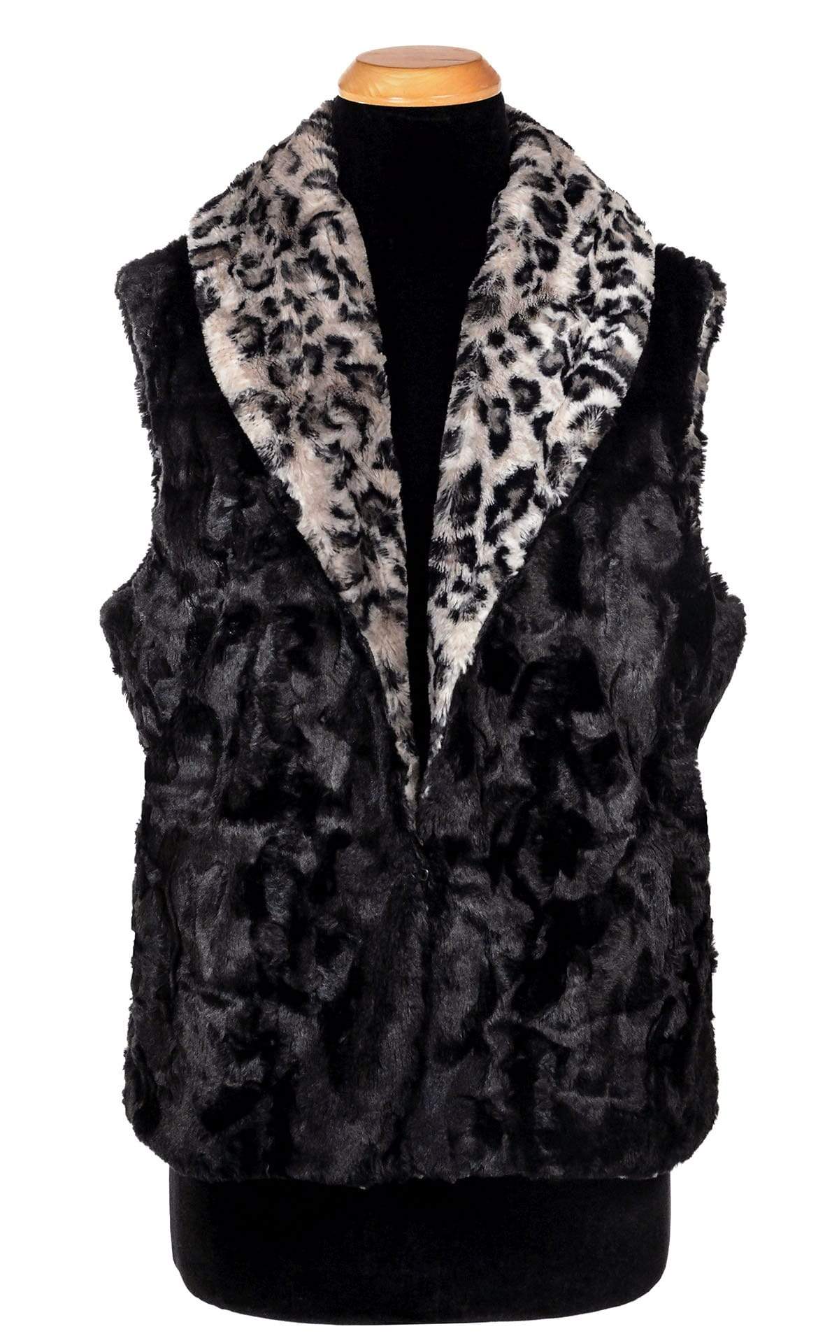 Reversed Shawl Collar Vest | Savannah Cat in Gray Faux Fur with Cuddly Black Faux Fur | Handmade by Pandemonium Millinery | Seattle WA