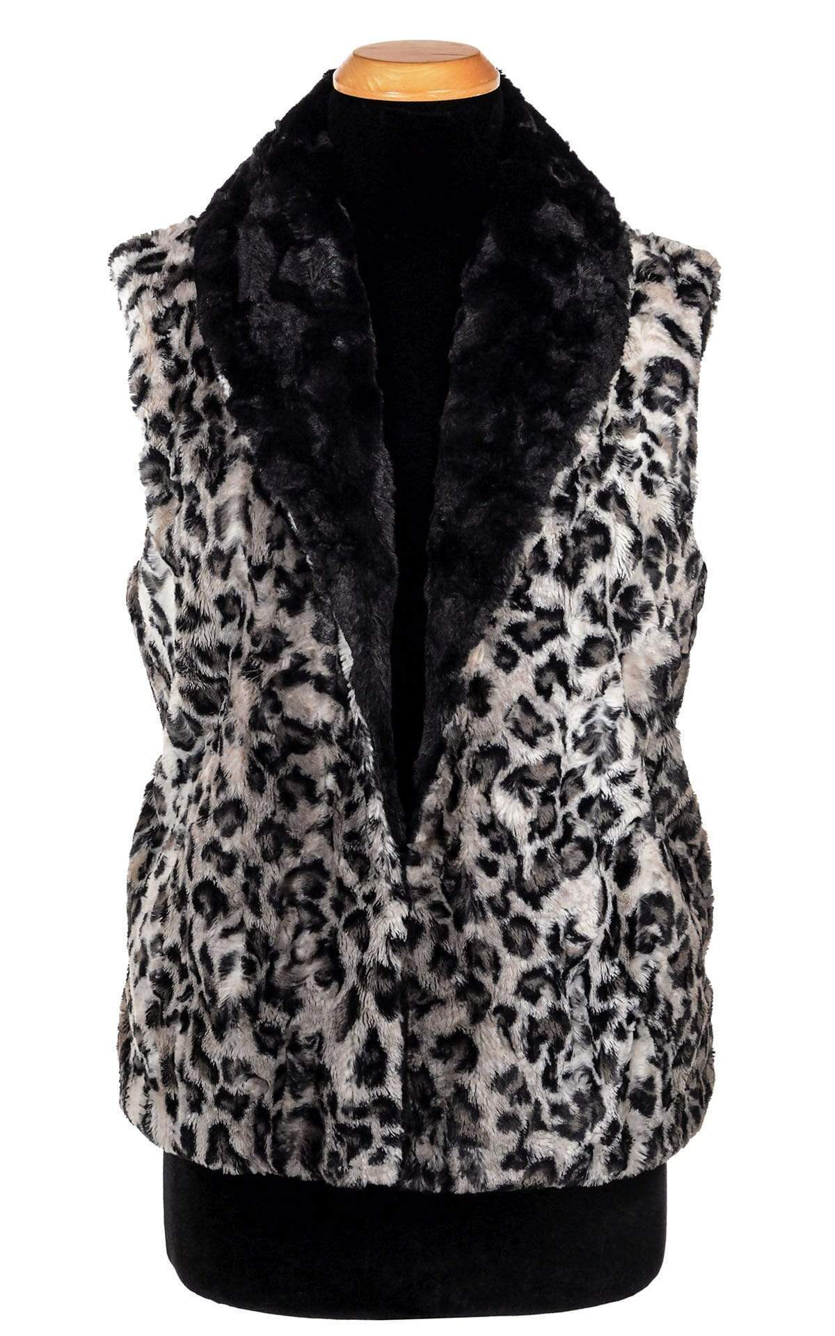 Shawl Collar Vest | Savannah Cat  Black Gray Animal print Faux Fur with Cuddly Black Faux Fur | Handmade by Pandemonium Millinery | Seattle WA USA