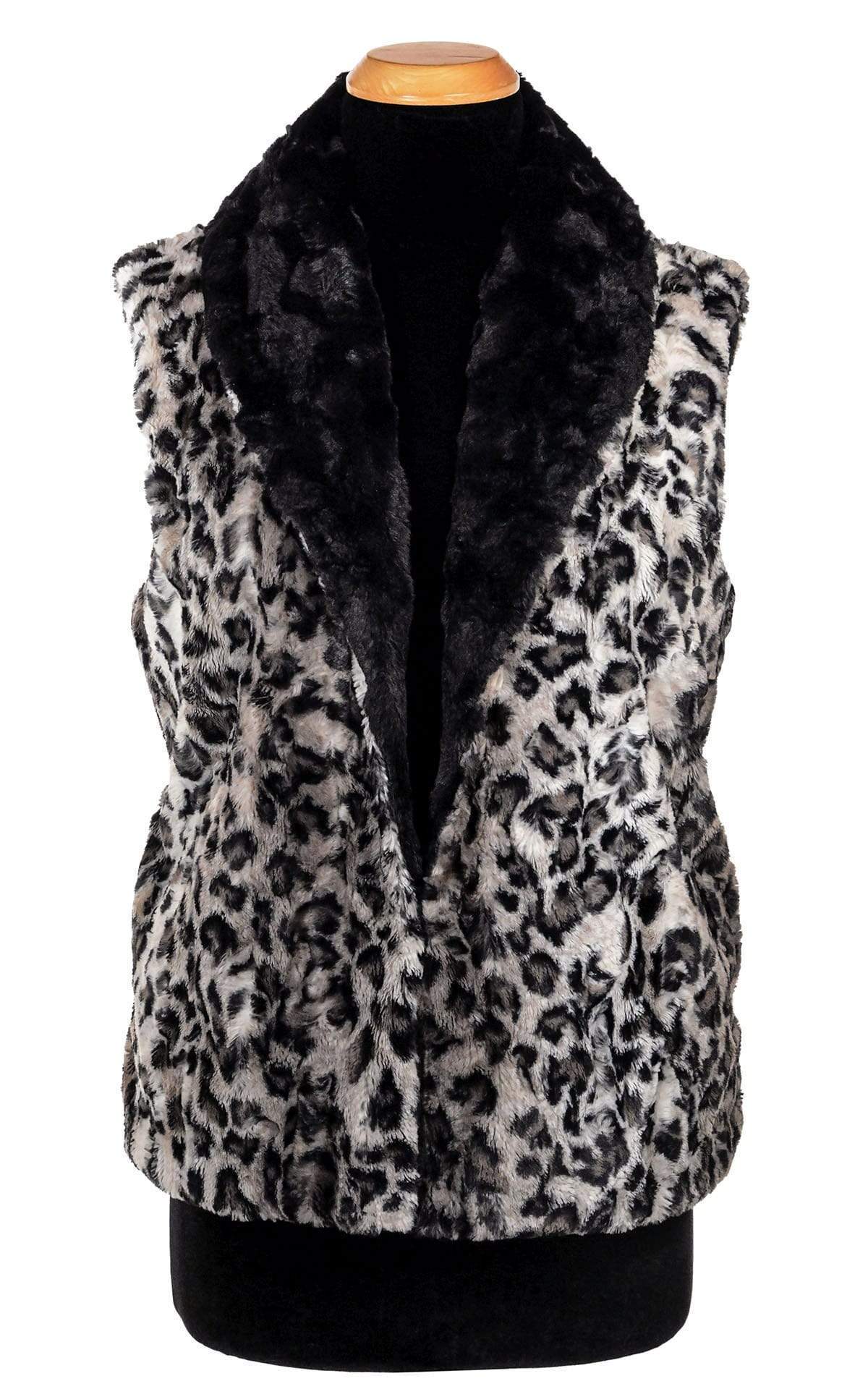 Shawl Collar Vest - Luxury Faux Fur Savannah Cat in Gray with Cuddly Fur in Black
