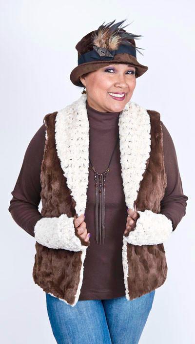 Woman wearing Shawl Collar Vest | Rosebud in Brown Faux Fur with Cuddly Chocolate | Also shown Molly Brown Bucket Style Hat with Feather Brooch| By Pandemonium Millinery | Seattle WA USA