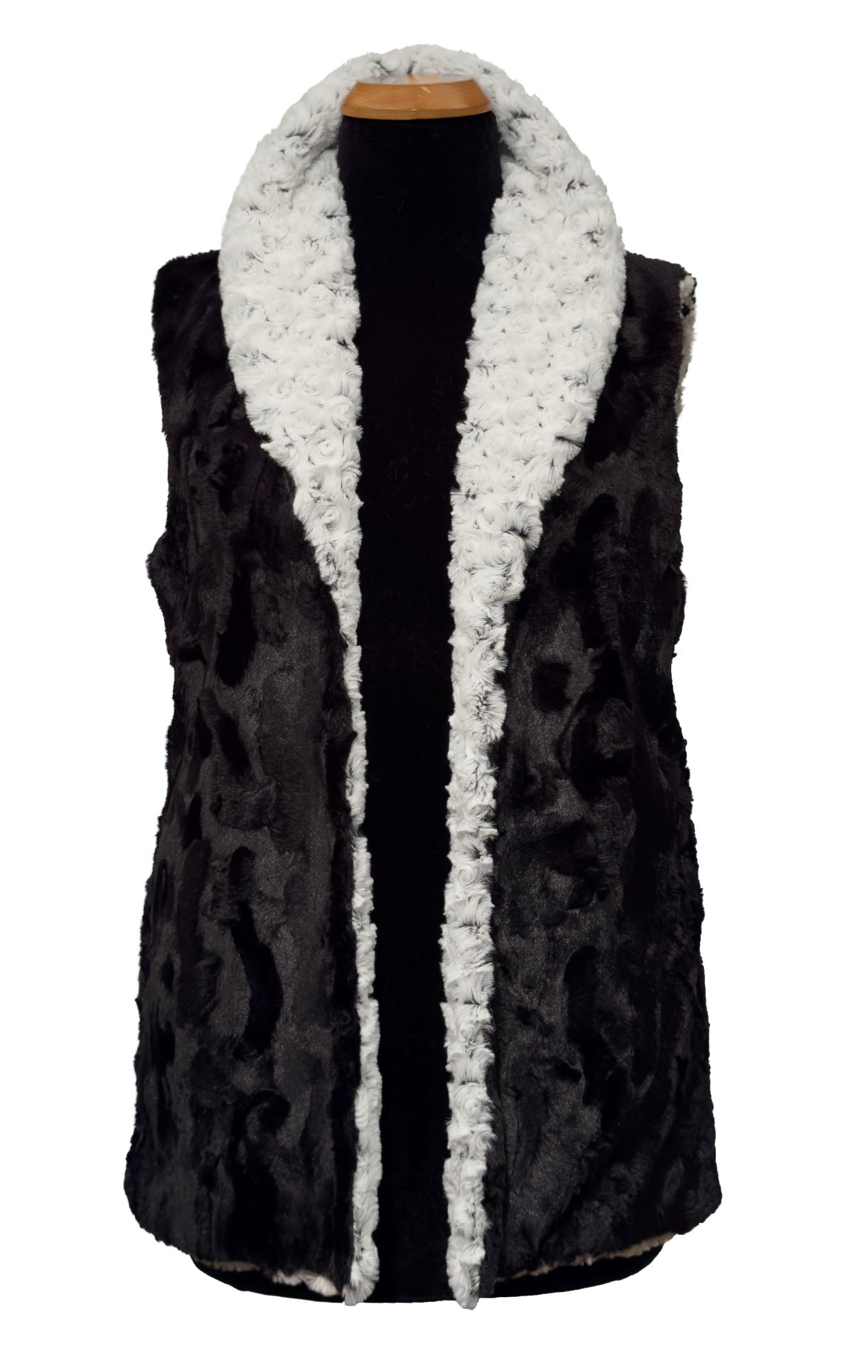 Rosebud in Black Faux Fur with Cuddly Black | Shawl Collar Vest  Reversed | Pandemonium Millinery | Seattle WA USA