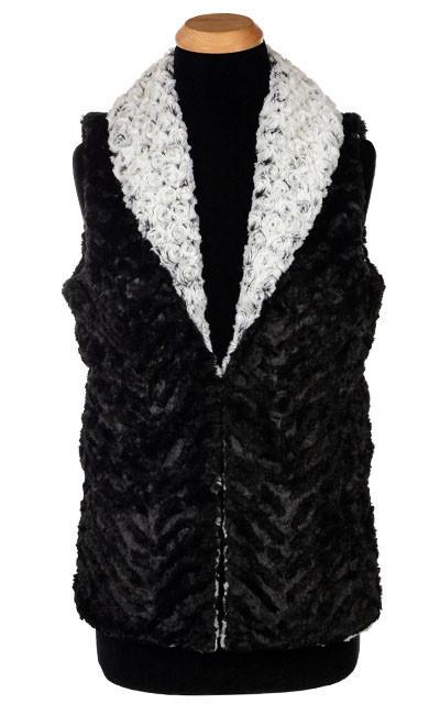 Rosebud in Black Faux Fur with Cuddly Black | Shawl Collar Vest  Reversed | Pandemonium Millinery | Seattle WA USA