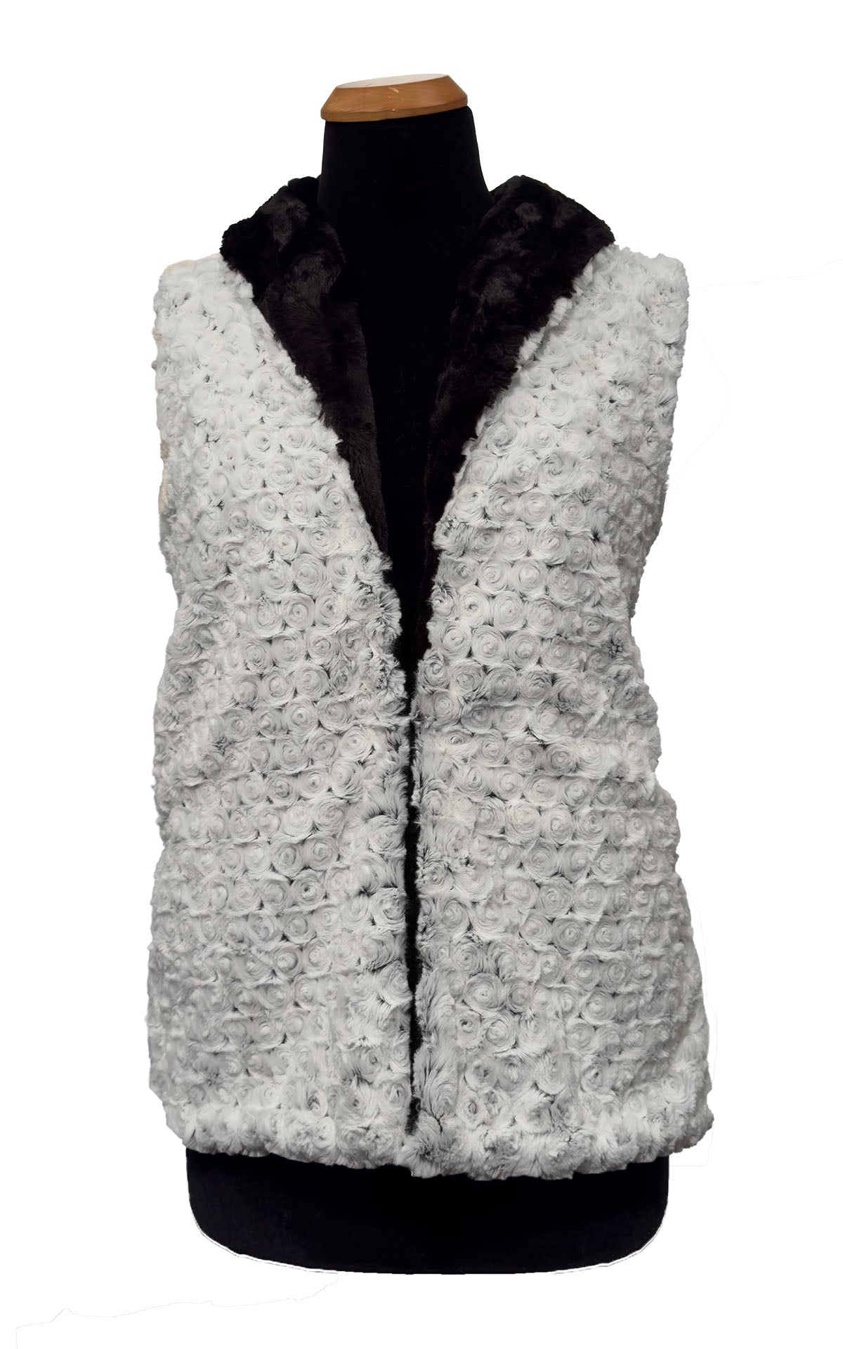 Rosebud in Black Faux Fur with Cuddly Black | Shawl Collar Vest | By Pandemonium Millinery | Seattle WA USA