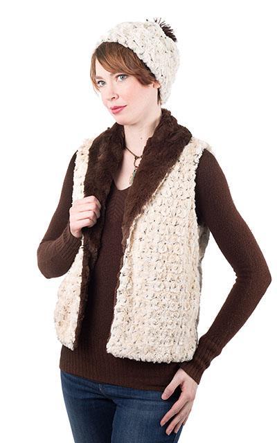  Shawl Collar Vest and matching Beanie | Rosebud in Brown Faux Fur with Cuddly Chocolate | By Pandemonium Millinery | Seattle WA USA