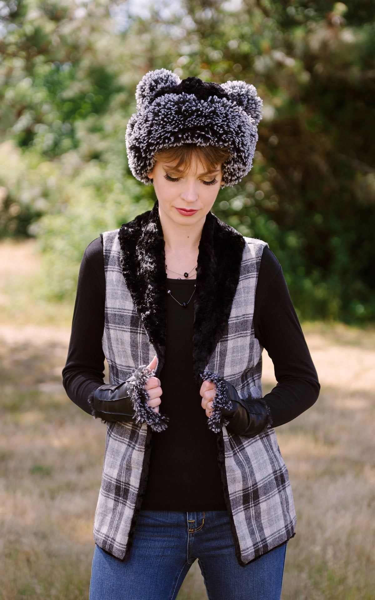 woman wearing Shawl Collar Vest | Twilight Wool Plaid with Cuddly Faux Fur | Handmade in Seattle, WA by Pandemonium Millinery USA