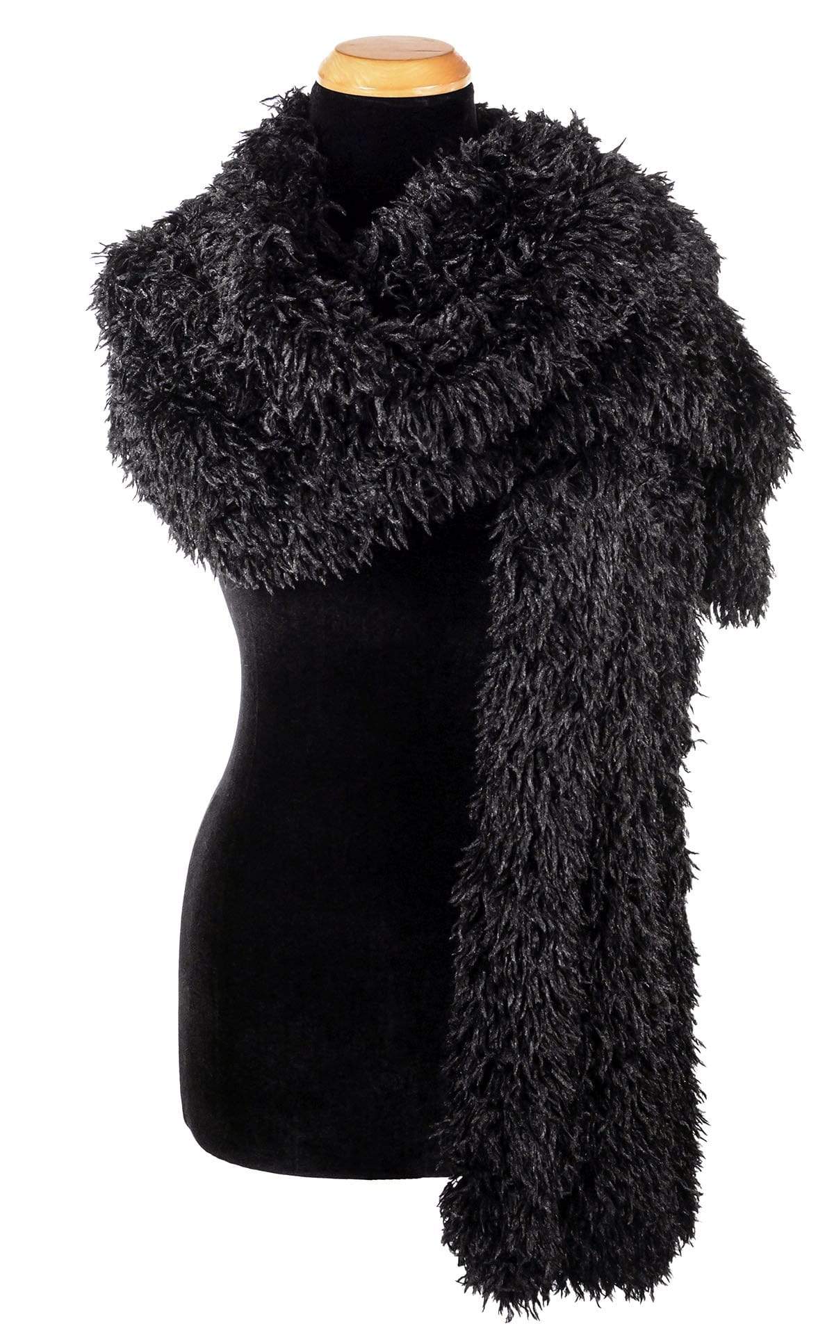 Stole Shown on Mannequin styled like a Scarf  | Black Swan Faux Feather | Handmade Seattle WA USA | By Pandemonium Millinery