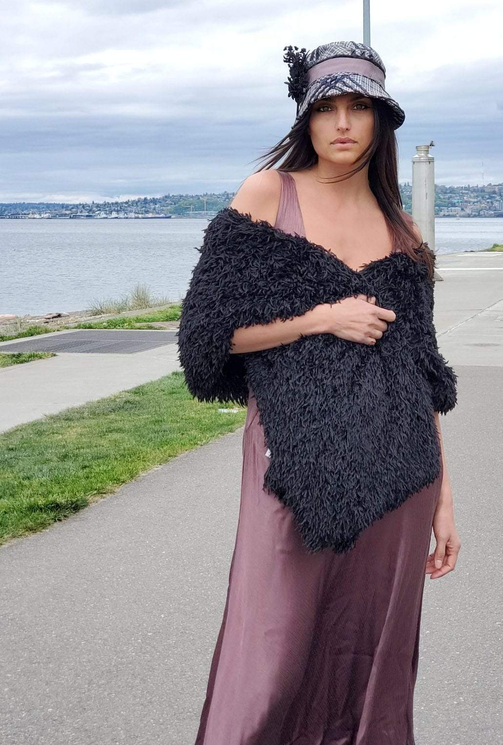 Model in Faux Fur Stole with Abigail in Silver Plaid Cloche Hat | Mink Black Faux Fur | Handmade Seattle WA USA | By Pandemonium Millinery