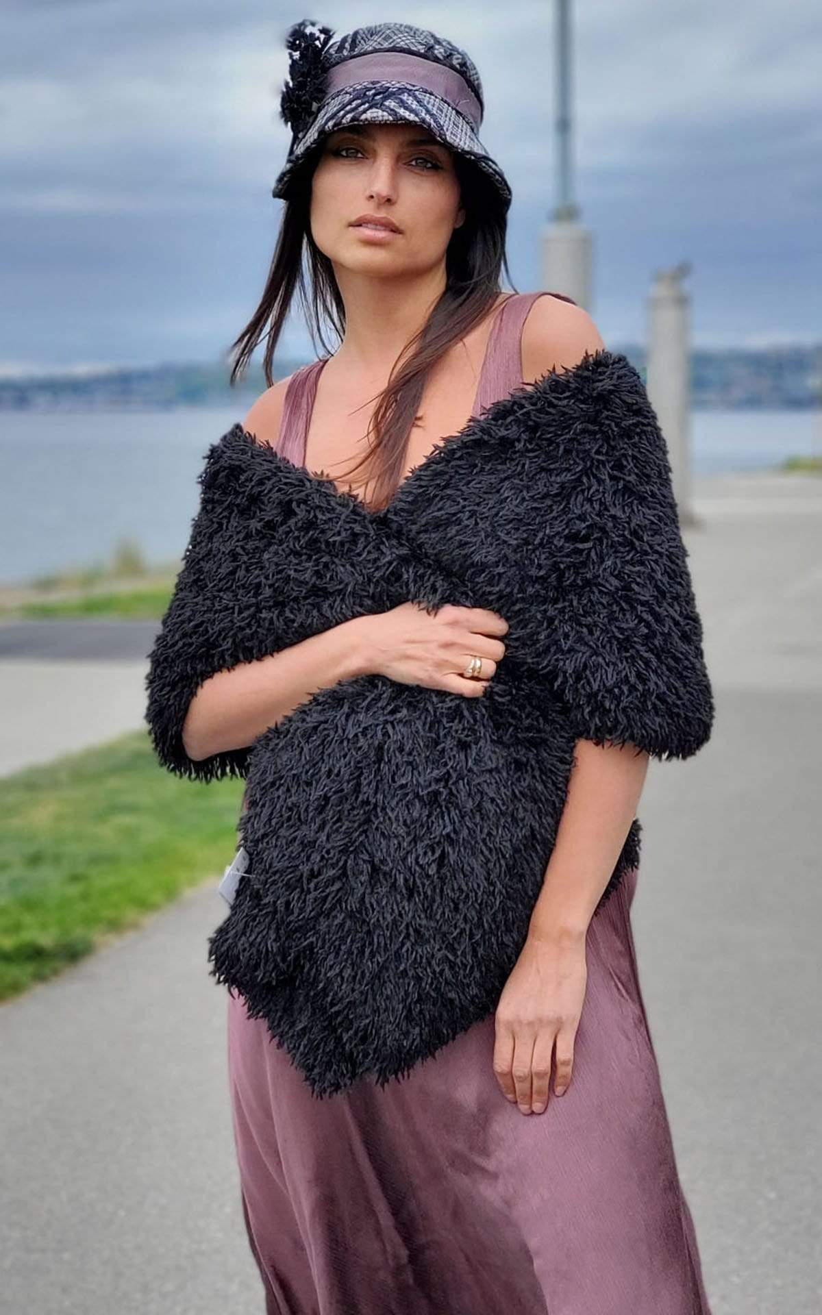 Model wearing Stole over dress |  Black Swan Faux Feather | Handmade Seattle WA USA |By Pandemonium Millinery