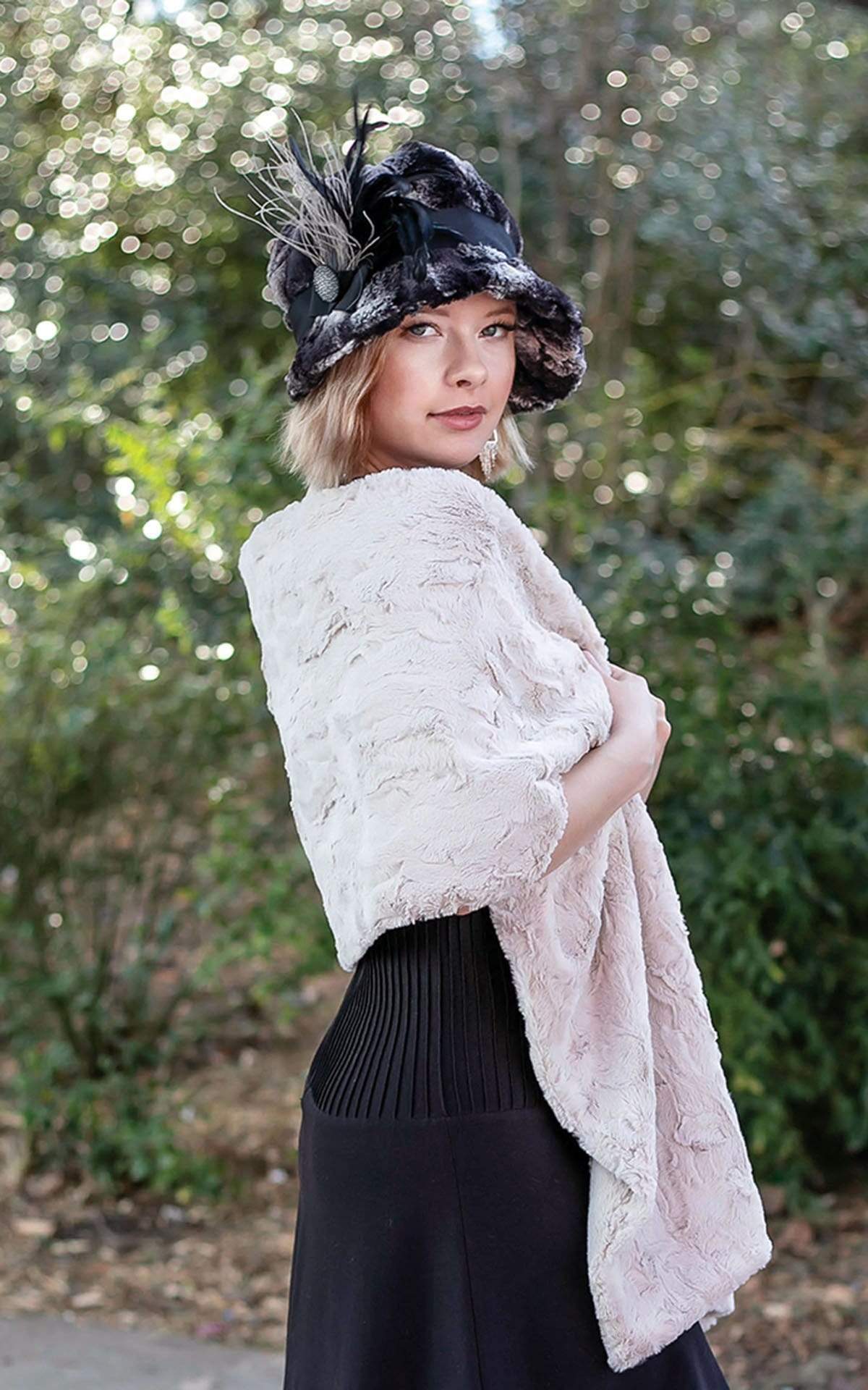 Cuddly Sand | Luxury Faux Fur Stole Wrap on Model | Pandemonium Millinery