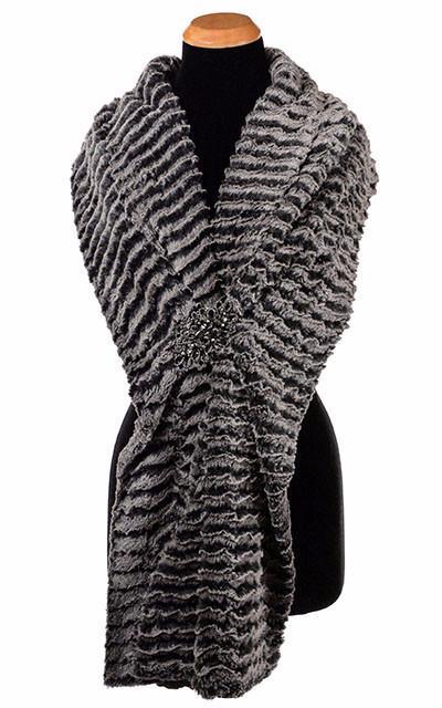  Stole Shown on Mannequin  with Large Rhinestone Brooch| Desert Sand in Charcoal Faux Fur | Handmade in Seattle WA | Pandemonium Millinery