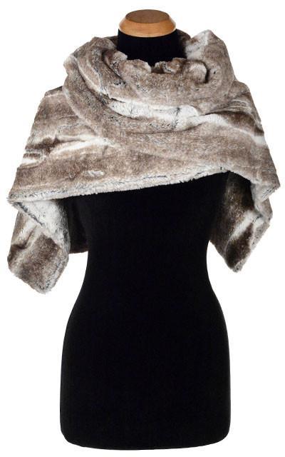 Stole shown on Mannequin wrapped around neckline | Luxury Faux Fur Birch Brown and Ivory | Pandemonium Millinery | Handmade in Seattle WA