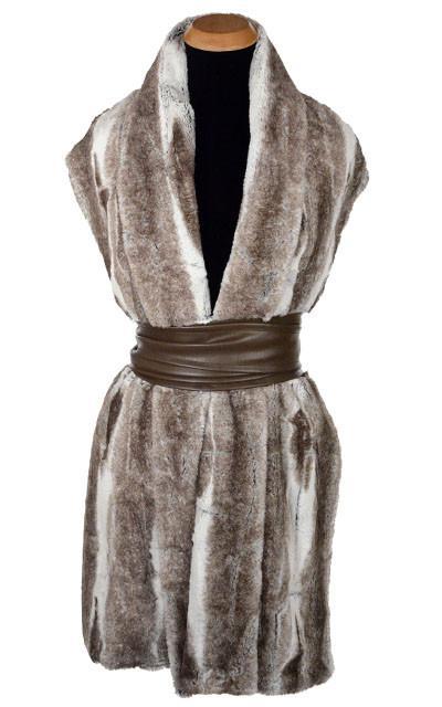 Stole shown on Mannequin belted with Vegan Leather Obi Sash | Luxury Faux Fur Birch Brown and Ivory | Pandemonium Millinery | Handmade in Seattle WA