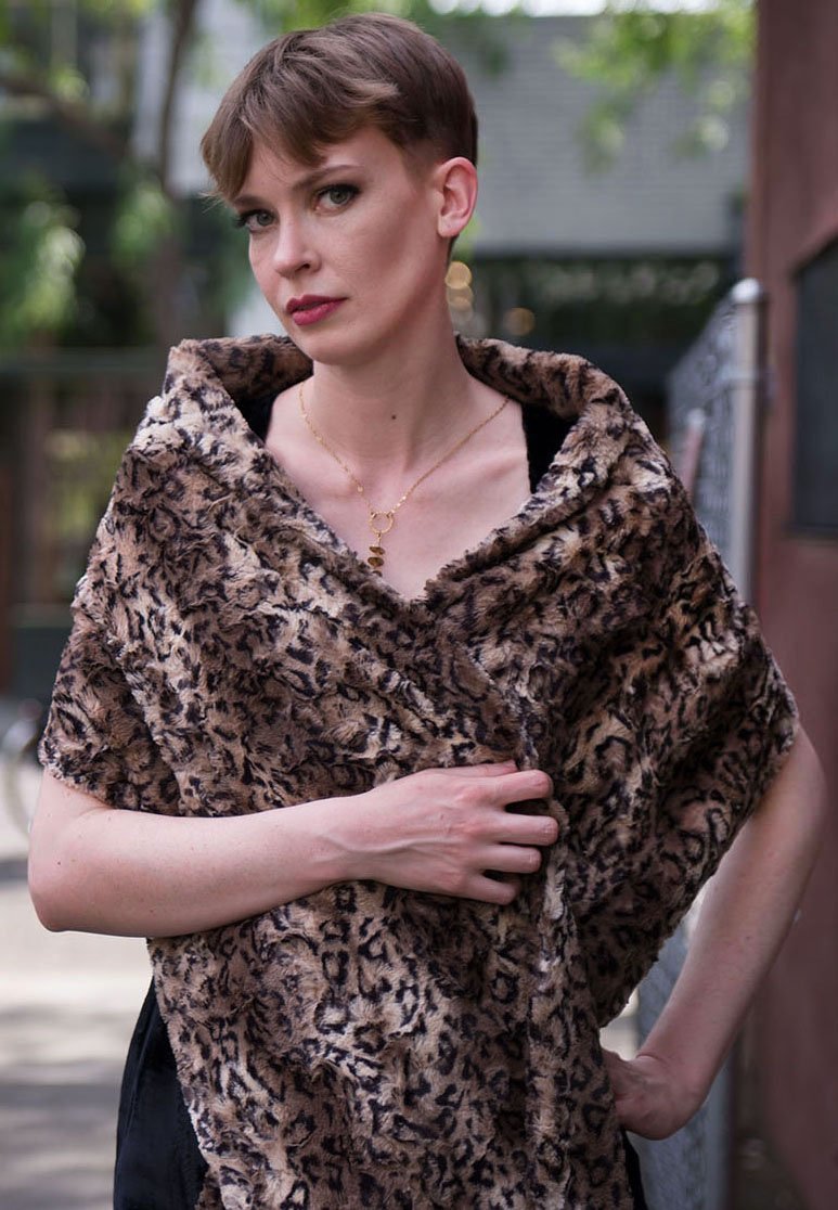Model wearing Stole over Both shoulders |  Carpathian Lynx  Animal Print Faux Fur  | Handmade in Seattle WA | Pandemonium Millinery