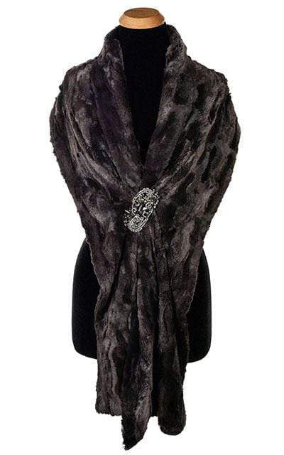 Stole shown on Mannequin draped over both shoulders with Rhinestone Brooch secured in front | Espresso Bean Faux Fur | By Pandemonium Millinery | Seattle WA USA