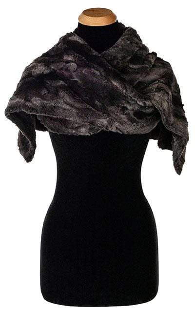 Stole shown on Mannequin | crossed over in front  thrown over both shoulders with Rhinestone Brooch secured in front | Espresso Bean Faux Fur | By Pandemonium Millinery | Seattle WA USA