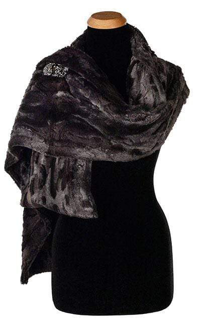  Stole shown on Mannequin with Rhinestone Brooch  | Espresso Bean Faux Fur | By Pandemonium Millinery | Seattle WA USA