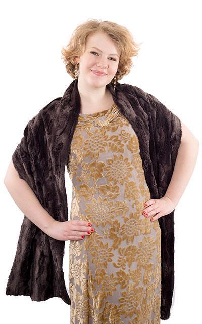 Model wearing a Stole wrapped over both shoulders | Espresso Bean Faux Fur | By Pandemonium Millinery | Seattle WA USA