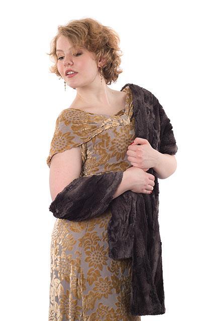 Model wearing a Stole wrapped over one  shoulder and draped over the opposite arm | Espresso Bean Faux Fur | By Pandemonium Millinery | Seattle WA USA