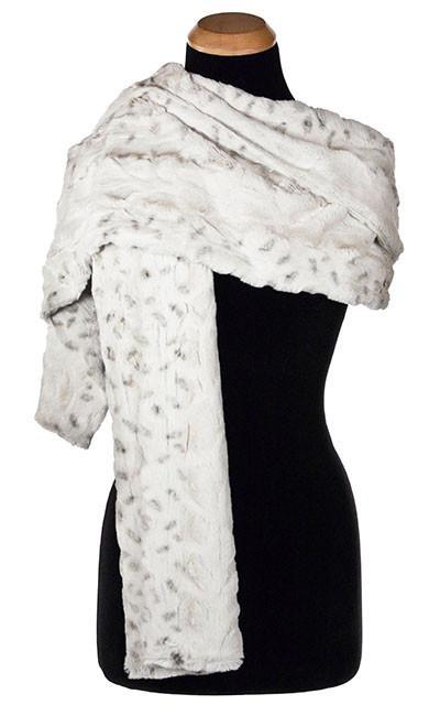 Stole shown on Mannequin with one side thrown over Shoulder | Winter Frost , White with hints of Black Faux Fur | By Pandemonium Millinery | Seattle WA USA