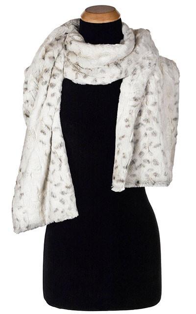 Stole shown on Mannequin in a Scarf Style  | Winter Frost ,  White with  hints of Black Faux Fur | By Pandemonium  Millinery | Seattle WA USA