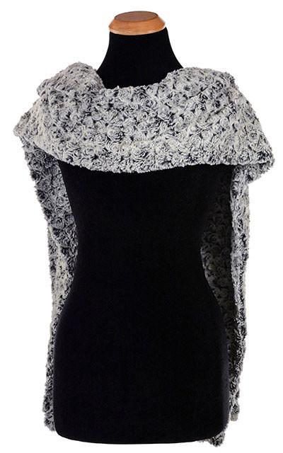 Stole Shown on Mannequin with tails in the back | Rosebud in Black Faux Fur  | Handmade in Seattle WA | By Pandemonium Millinery