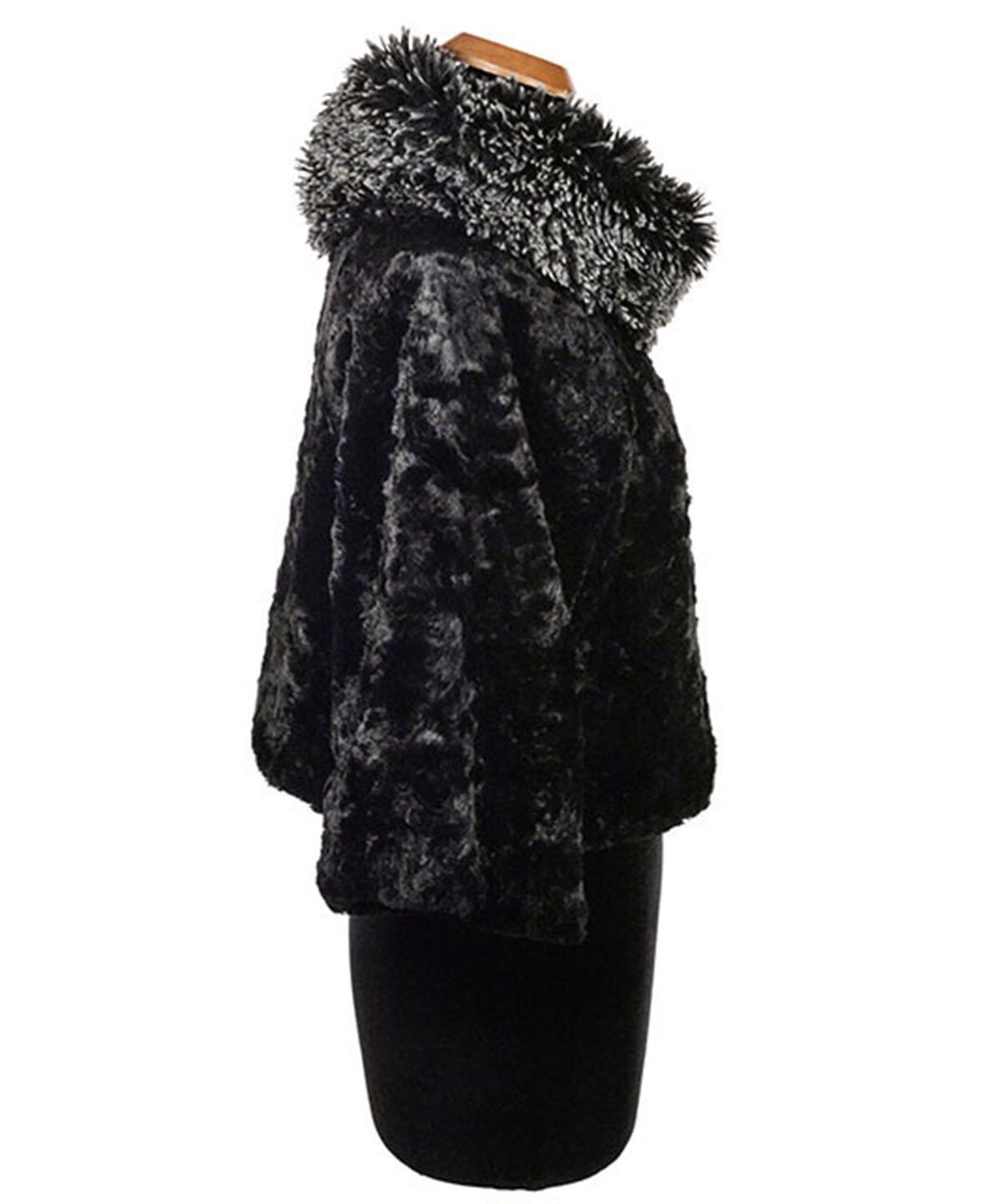 Side view Sweater Top | Cuddly Faux Fur  Black with Silver Tip Fox in Black Faux Fur Long Hair Collar | Handmade By Pandemonium Millinery | Seattle WA USA