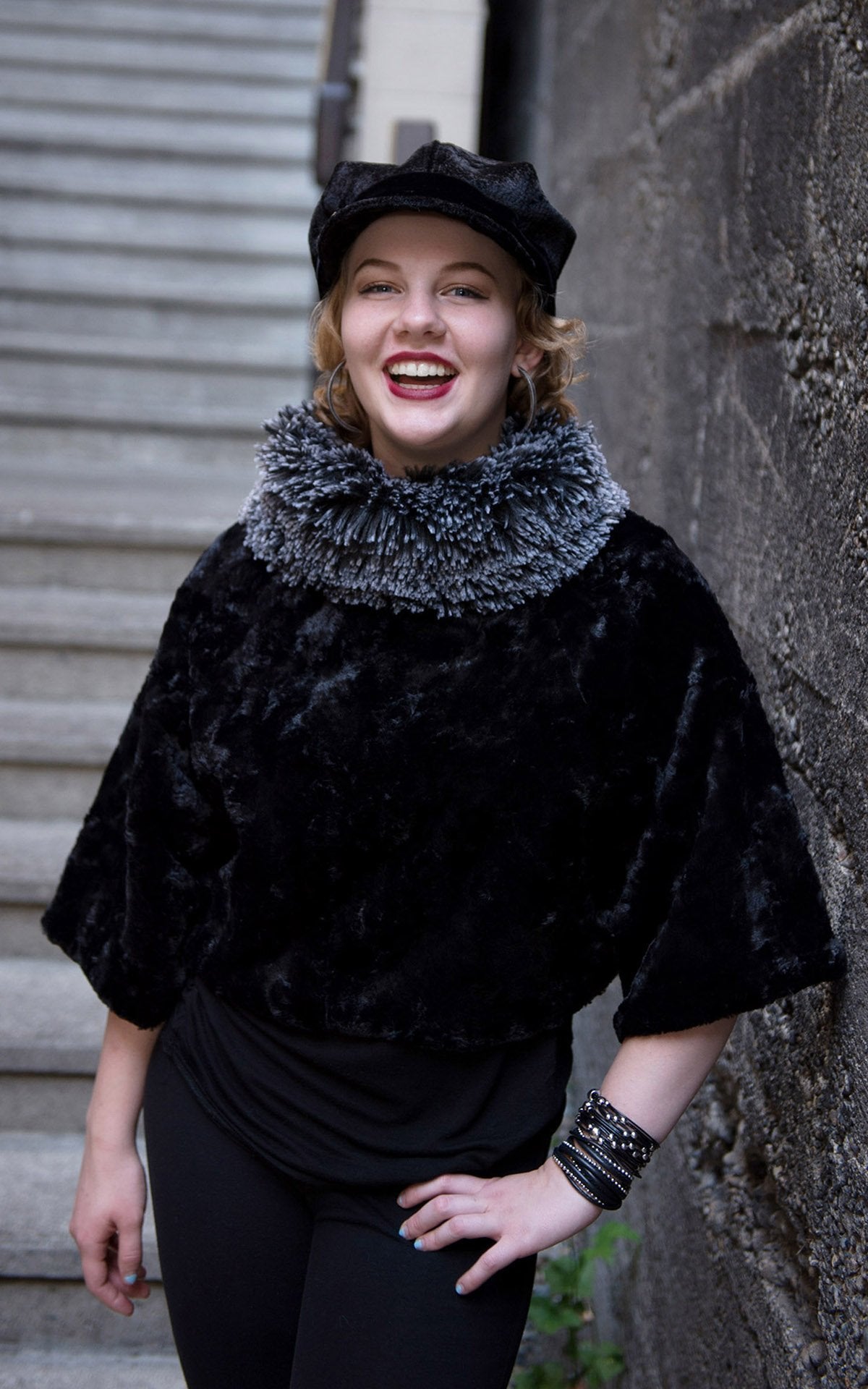 Smiling model wearing Sweater Top | Cuddly Faux Fur Black with Silver Tip Fox in Black Faux Fur Long Hair Collar | Handmade By Pandemonium Millinery | Seattle WA USA