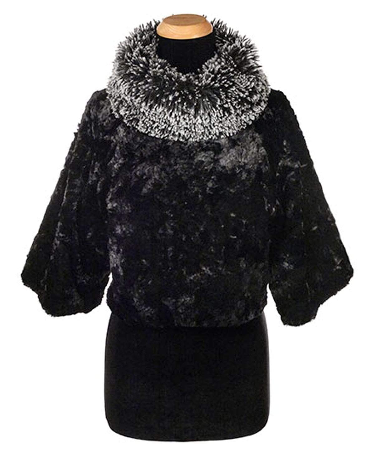 Sweater Top | Cuddly Faux Fur  Black with Silver Tip Fox in Black Faux Fur Long Hair Collar | Handmade By Pandemonium Millinery | Seattle WA USA