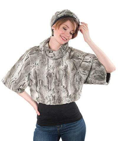 Model wearing a Sweater Top | Luxury Faux Fur Khaki Gray, Cream | Handmade By Pandemonium Millinery | Seattle WA USA