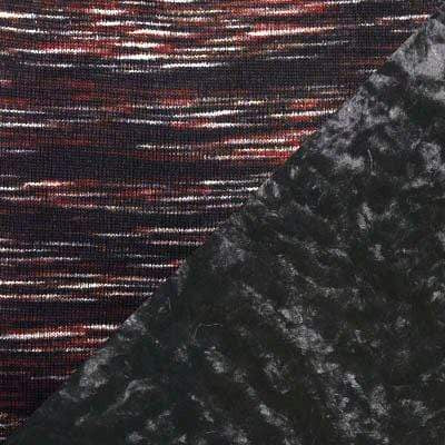 Combination swatch of Sweet Stripes in Cherry Cordial Knit and Cuddly Faux Fur in Black | Available for a Knit Sweater Top and contrasting Faux Fur Collar | Handmade in the USA | Pandemonium Seattle