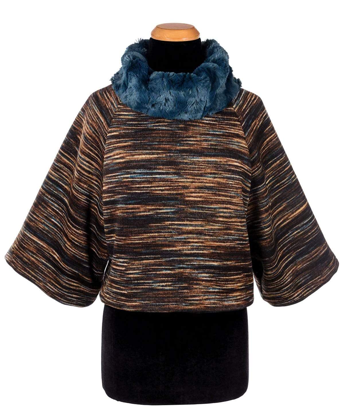 Model Sitting on log wearing Sweater Top | Sweet Stripes in  English Toffee Knit with Peacock Pond Faux Fur Collar | Matching  Headband and Fingerless Gloves in Peacock Pond, Teal Faux Fur Featured | Handmade in the USA by Pandemonium Seattle