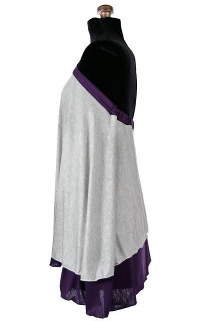 Side View of Product shot of  the Swing Top an asymmetrical top| A  lightweight Jersey Knit in Silvery Gray and Purple  | Handmade in Seattle WA | Pandemonium Millinery