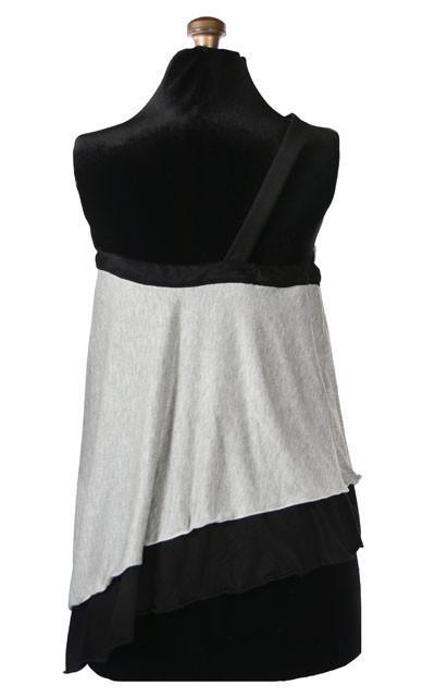 Back View of Product shot of  the Swing Top an asymmetrical top| A  lightweight Jersey Knit in Silvery Gray and Black  | Handmade in Seattle WA | Pandemonium Millinery