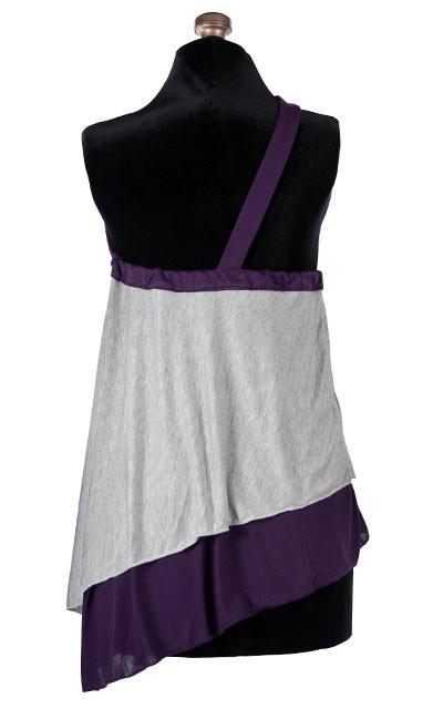 Back View of Product shot of  the Swing Top an asymmetrical top| A  lightweight Jersey Knit in Silvery Gray and Purple  | Handmade in Seattle WA | Pandemonium Millinery