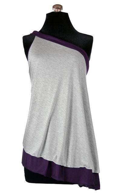 Model wearing the Swing Top an asymmetrical top| A  lightweight Jersey Knit in Silvery Gray and Black | Handmade in Seattle WA | Pandemonium Millinery