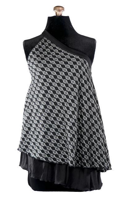 Product shot of the Swing Top an asymmetrical top| Lunar Eclipse a textured knit of black grays and whites paired with Jersey Knit in Black | Handmade in Seattle WA | Pandemonium Millinery