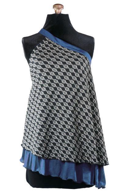Product shot of the Swing Top an asymmetrical top| Lunar Eclipse a textured knit of black grays and whites paired with Jersey Knit in Blue | Handmade in Seattle WA | Pandemonium Millinery