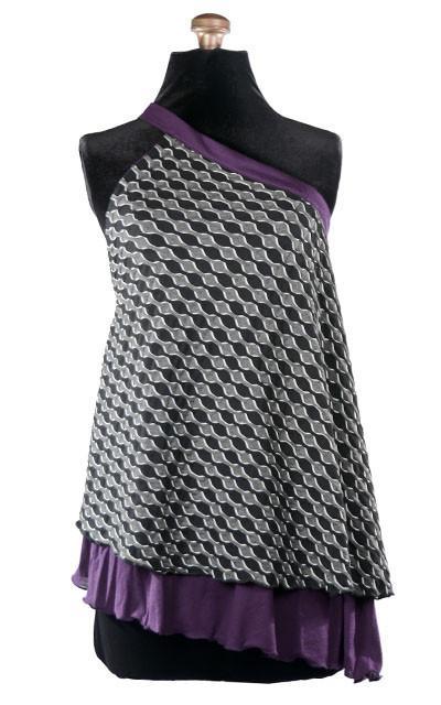 Product shot of the Swing Top an asymmetrical top| Lunar Eclipse a textured knit of black grays and whites paired with Jersey Knit in Purple | Handmade in Seattle WA | Pandemonium Millinery