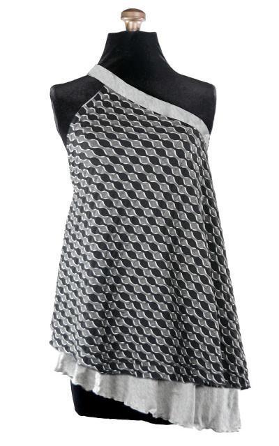 Product shot of the Swing Top an asymmetrical top| Lunar Eclipse a textured knit of black grays and whites paired with Jersey Knit in Silver Gray | Handmade in Seattle WA | Pandemonium Millinery