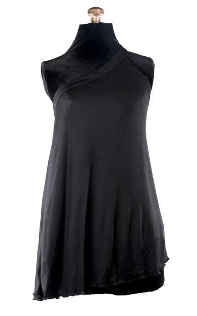 Shown in reverse Product shot of Swing Top an asymmetrical top| Solar Eclipse a textured knit of black grays and whites paired with Jersey Knit in Black | Handmade in Seattle WA | Pandemonium Millinery