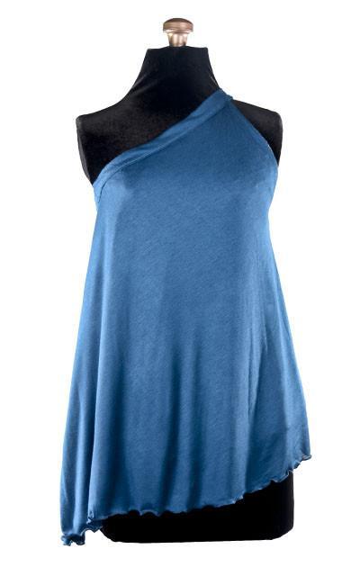 Reverse view of Product shot of Swing Top an asymmetrical top| Solar Eclipse a textured knit of black grays and whites paired with Jersey Knit in Blue | Handmade in Seattle WA | Pandemonium Millinery